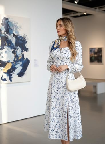 Image of BLENCOT Womens Casual Square Neck Long Sleeve Boho Floral Midi Dress Print Side Split Dresses