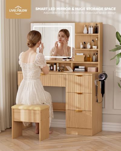 Image of LIVELYGLOW 35.4 inch Wooden Makeup Vanity Set with Charging Station & Stool | Smart LED Mirror, Fluted Design, Cushioned Stool, Hairdryer Rack