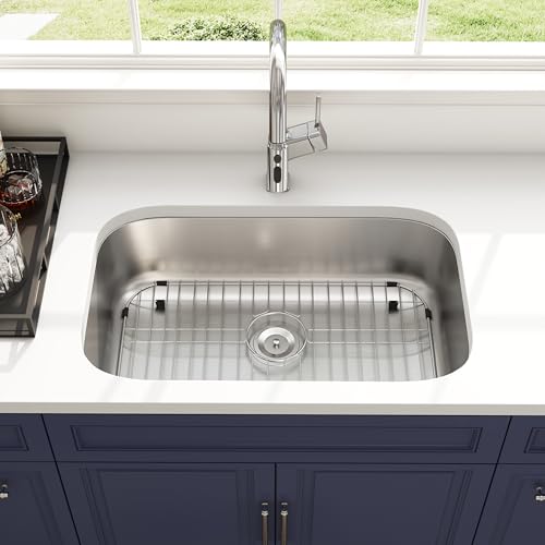 Quikore 32 Inch Undermount Kitchen Sink 18 Gauge Stainless Steel Spacious Single Bowl Curved Shape Round Corner Deep Sinks with Basket Strainer and Bottom Grid 32\" x 18\" x 9\"