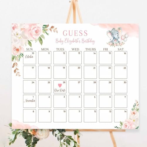 Editable Blush Pink Little Peanut Elephant Baby Shower Sprinkle Due Date Calendar Guess Baby Birth Date Sign Template, Personalized Baby Due Date Calendar Game Sign, Baby Shower Game, Guess Baby's