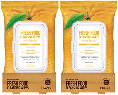 Face Wipes Makeup Remover Daily Simple Gentle Cleansing Cloth by Fresh Food for Skin (Orange, 2pk Normal (120 Count))