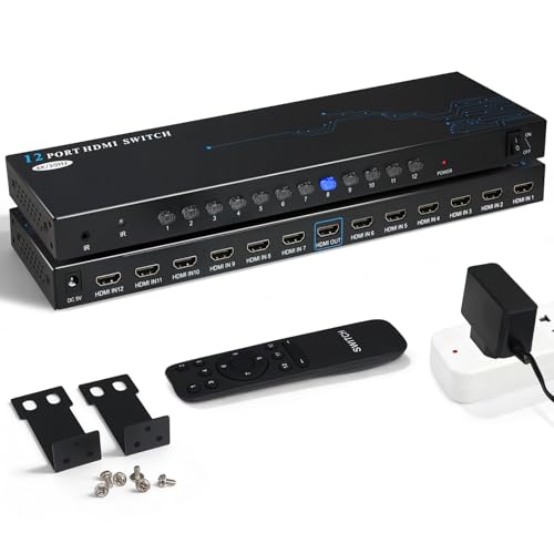 Conmutador HDMI de 12 entradas y 1 Salida - Conmutador HDMI con Mando a Distancia por Infrarrojos, Compatible con 4K@30Hz, Compatible con Ordenadores Portátiles, PS5, Xbox, Monitores y Proyectores