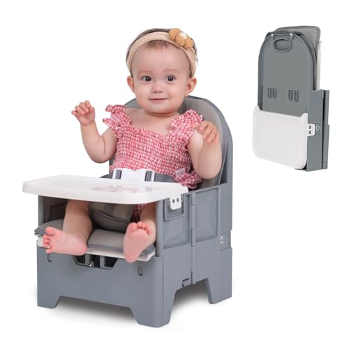 Image of BABELIO Portable Booster Seat for Kitchen Chair with PU Waterproof Cushion, Compact Folding High Baby Chair for Travel with Feeding Tray, Great for Baby, Dining Table, Camping, Beach, Slate Grey