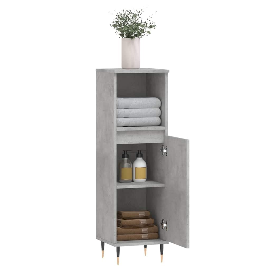 Armario de baño gris hormigón 30 x 30 x 100 cm de material de madera con patas de hierro para muebles de baño, espacio de almacenamiento, montaje en pared, lavabo, armario bajo, estante de