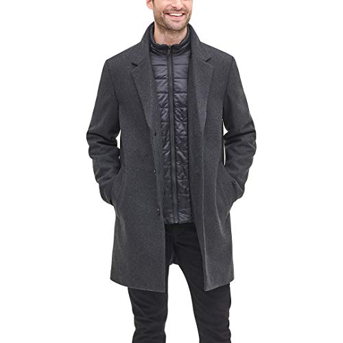 DKNY Men's Wool Blend Coat with Removable Quilted Bib, Charcoal, Medium