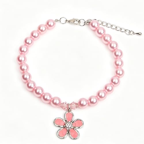 XKSRWE Dog Cat Pearls Collar Necklace with Rhinestones Flower Charm Pendant Pet Puppy Jewelry Accessory (Pink, Small)