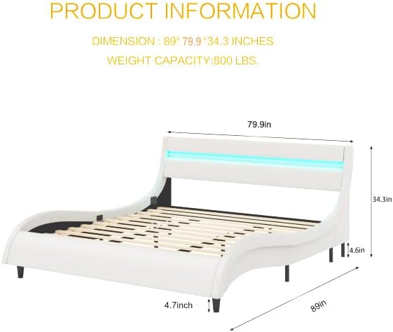 Miniatura 2 de TTVIEW Marco de cama LED inteligente tapizado Queen con cabecero moderno marco de cama de piel sintética tipo onda marco de cama de perfil bajo con