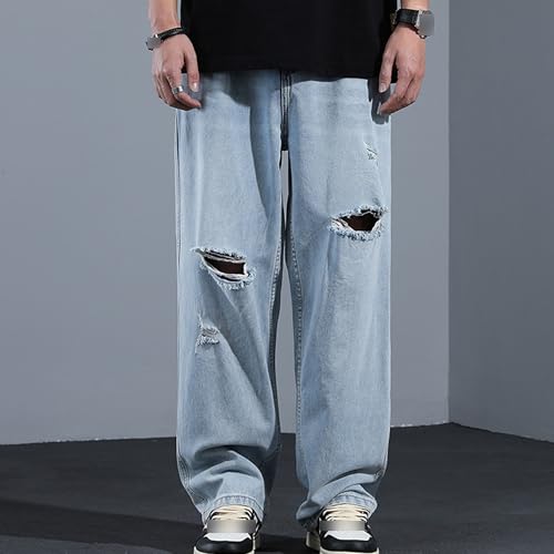 Men's Baggy Ripped Jeans Distressed Regular Fit Denim Pants Loose Fit with Holes Jean4
