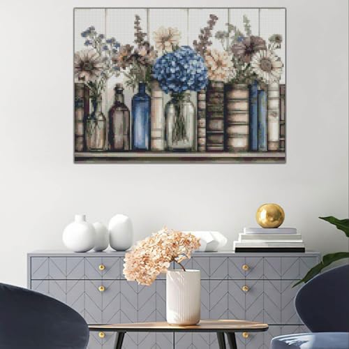 Image of Stamping Cross Stitch Kit Books Flowers, Counting Cross Stitch Kit for Adult Beginners, with Glass Bottles Full Line DIY Cross Stitch Stitching Kit for Home Decor Cross Stitch Patterns 15.7x11.8inches