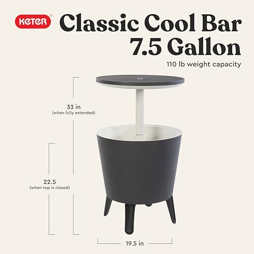 Keter Modern Cool Bar Outdoor Patio Furniture and Hot Tub Side Table with 7.5 Gallon Beer and Wine Cooler, Dark Grey