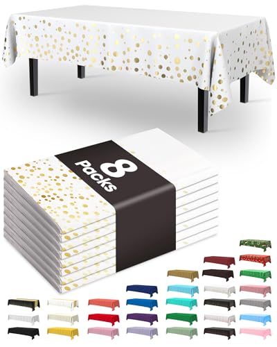 Image of Pureegg Plastic Table Cloth Disposable 8 Pack, 54 x 108 Inch Table Cloths, Graduation Decorations Class of 2026, Graduation Tablecloths, Rectangle, Plastic Cover, Leakproof & Sturdy, White and Gold