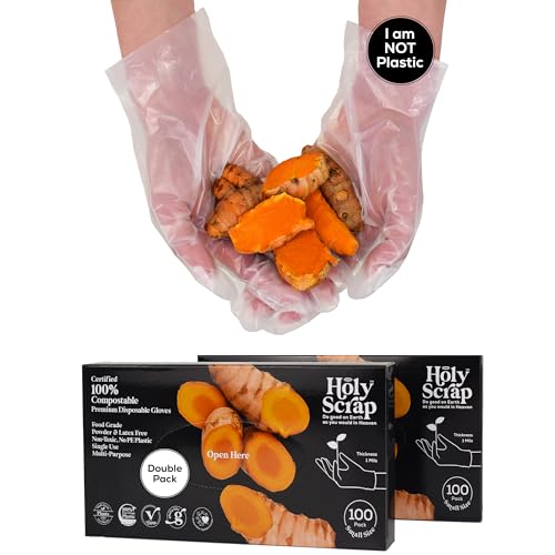 HOLY SCRAP! 100% Compostable Gloves SMALL - 200 Pack - Disposable Powder and Latex Free Gloves for Food Preparation, Cooking, Cleaning, Non-Toxic, Eco Friendly - BPI Certified, OK Compost Home