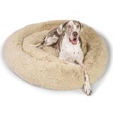 Best Friends by Sheri Original Calming Donut Dog and Cat Bed, Shag Faux Fur,Taupe, XXL (54in x 54in) - Anxiety Relief for Pets Up to 210 lbs