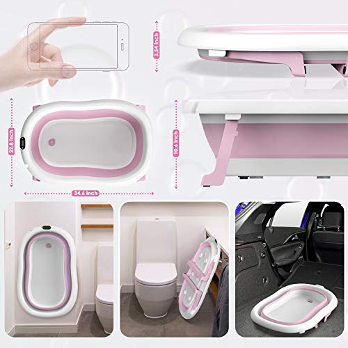 Foldable Baby Bathtub, 4-in-1 Collapsible Baby Tub for Infant to Toddler with Newborn Soft Cushion, Temperature Sensor and Waterproof Ear Cap