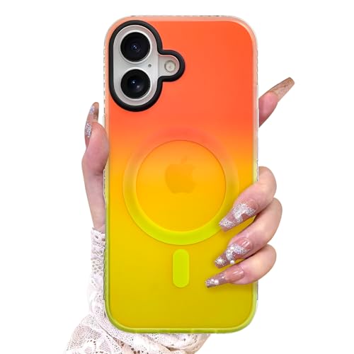Image of AIGOMARA Magnetic Case for iPhone 17, Compatible with Magsafe, Fluorescent Iridescent Case for Women Girls, Shockproof Translucent Matte Protective Cover 6.3 Inch 2025, Orange Yellow