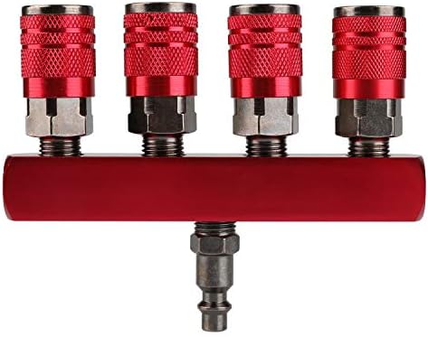 Hromee 4-Way Straight Air Manifold 5 Ports Aluminum Industrial Pneumatic Air Compressor Quick Connect Socket In Line Type Air Hose Splitter with 4 Couplers and 1/4" Male NPT Plug