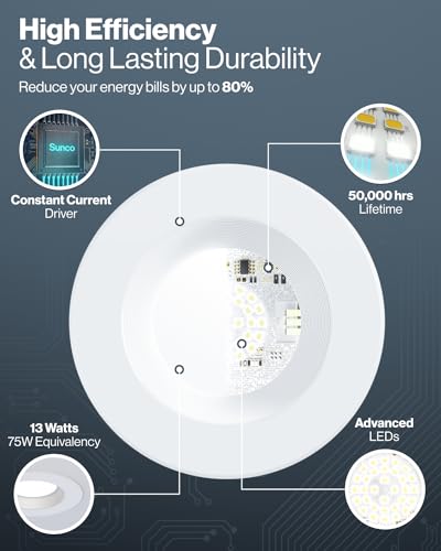 Sunco 12 Pack 6 Inch LED Recessed Light, Retrofit Downlight Can Lights for Ceiling, Baffle Trim, 1050 LM, 13W (75W Equivalent), 5000K Daylight, Dimmable, Damp Rated UL