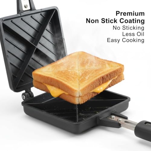 Image of Double Sided Sandwich Grill Pan | Non-Stick Toast Maker Aluminium Stovetop Toaster Gas Stove Flip for Bread Snacks Heat Resistant Handle Black (Jumbo- 4cut Toaster)