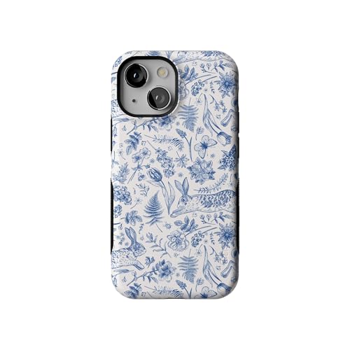 Casely iPhone 13 Mini Case | Blue Vintage Rabbits in Spring Flowers | Compatible with MagSafe | Bold Protective Design