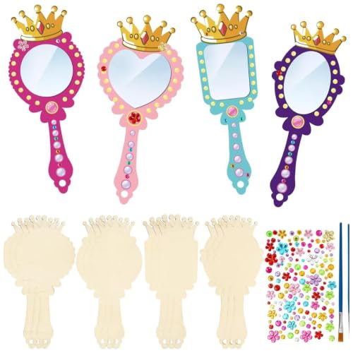 Paquet de 12 petits miroirs pour travaux manuels, miroir de princesse, bricolage pour projets artistiques, couronne en bois inachevé 7, 09 pouces avec 2 pinceaux, ensemble miroirs pour enfants