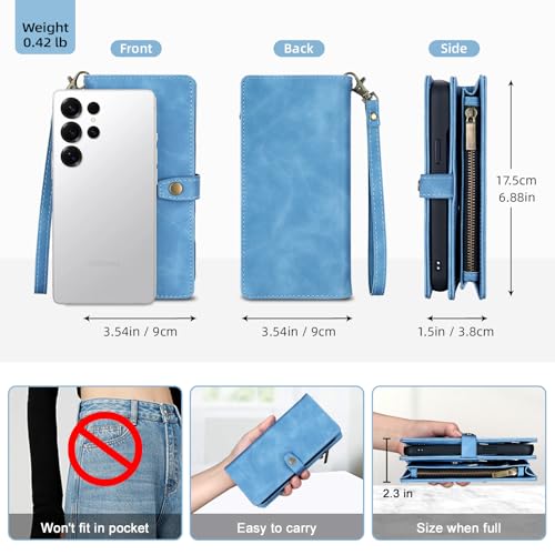 TwoHead for Samsung Galaxy S25 Ultra Wallet Case with Card Holder, Detachable Magnetic Phone Case for S25 Ultra,PU Leather All-Round Protective Phone Case Wallet with Wrist Strap(6.9 in,Sky Blue) by TwoHead - Used condition - Image 6
