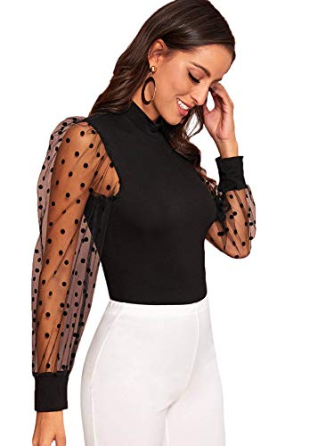 Soly Hux Women's Sheer Mesh Polka Dots Long Sleeve Slim Fit Top Blouse Black M #TOP3