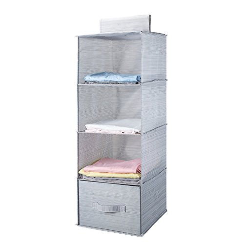 mee'life 4-Shelf Hanging Cloest Organizer, Polyester Fabric Hanging Shelves with 1 Drawer-for Clothes Storage and Accessories,11.9x11.9x31.5 inches(Gray)