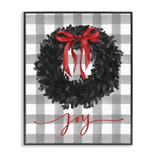 Holiday Wreath Plaid Joy Calligraphy, 11 x 14 Inch Framed Giclée Print