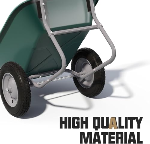 ARNOT Enlarged Dual-Wheel Wheelbarrow, Easy Loading and Dumping Garden Cart, Heavy Duty Utility Dump Cart for Lawn, Yard, Farm, Gardening & Planting, Green - Thumbnail 3