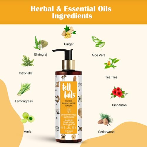 Image of Tell Tails 5-in-1 Organic Dog Shampoo - Pack of 2 (500ml) - Flea, Tick & Odor Removal - Moisturizes, Heals & Shine - Anti-fungal & Anti-bacterial - Citronella, Ginger, Bhringraj & Amla -For All Breeds