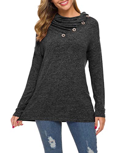 Weaczzy Womens Long Sleeve Button Cowl Neck Casual Loose Tunic Tops Blouse (Large, 01 Black) #TOP3