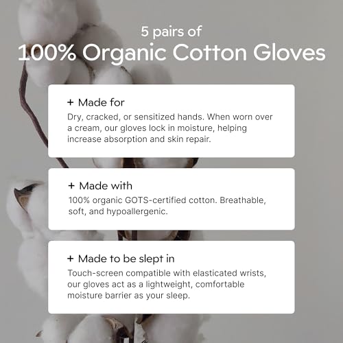 Clearbody Organics 100% Organic Cotton Gloves - 5 Pairs, Medium, White - Overnight Moisturizing White Gloves for Dry Hands - Thumbnail 3