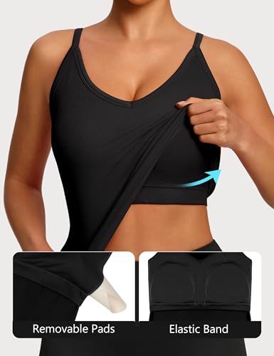 Missclub Workout Tank with Built in Bra for Women Ribbed Seamless V Neck T Back and Camisoles with Adjustable Strap Set — view 5