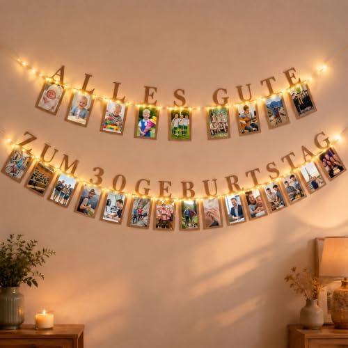 Seutgjie Fotogirlande zum 30. Geburtstag Deko Banner mit LED-Licht | Geburtstagsbanner 30. Geburtstag Frau Mann mit 24 Glitzerkarten für Fotos von 1 bis 30 Jahre