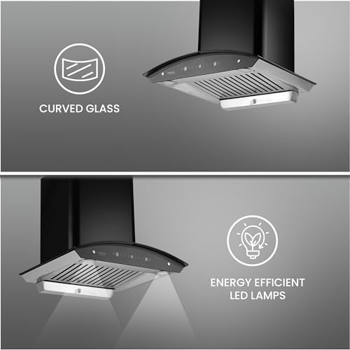 Image of Hindware Smart Appliances | Nevio Plus Blk 60cm 1400 m /hr* SS Baffle Filter Wall Mounted Chimney for Kitchen With Classic Look, Touch Control and Auto Clean Technology (Black)