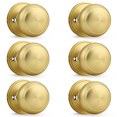Probrico Gold Door Knob One Side 6 Pack, Fake Door Handles Dummy Function for Closet French Doors, Brushed Brass Finish Inactive Levers, Flat Ball Knob