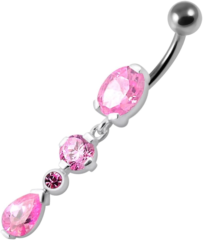 Fancy Tri Shape Gemstone Dangling Design 925 Sterling Silver with Stainless Steel Belly Ring - Belly Button jewelry - Navel jewelry