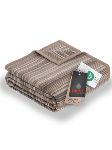 Ibena Malang Wolldecke 150x200 cm - Baumwollmix weich, warm und waschbar, Kuscheldecke Streifen braun grau