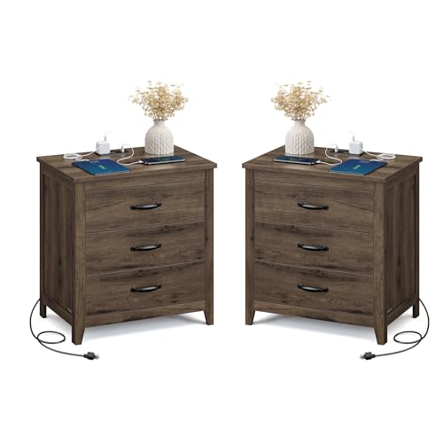 VASAGLE LIRY Collection - Farmhouse Nightstand with Charging Station, Set of 2, Bedside Tables, Side End Tables with 3 Drawers, for Bedroom, Taupe Brown ULET979T01 23.6"W x 24.8"H With 3 Dra