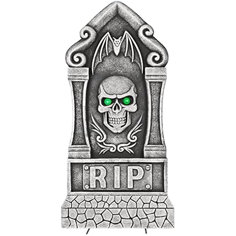 Cackle & Co 90cm Light Up Tombstone Halloween Decoration Green Eyes Skull Party Graveyard Cover