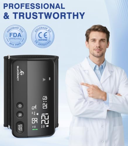 Image of Glucoracy Upper Arm Blood Pressure Monitor,BP Cuff 8.6 inch-16.5 inch,Large Display | Rechargeable Blood Pressure Monitors for Home Use,2x99 Memory,One-Piece Design,Portable Travel Blood Pressure Machine,Black