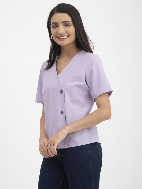 Image of FableStreet Linen V-Neck Button Top - Purple