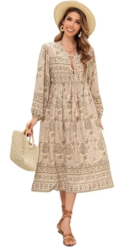 R.Vivimos Women's Casual Bohemian Print Neck Tie Long Sleeve Beach Style Long Midi Dress Vacation Dress(Medium,LightKhaki#)