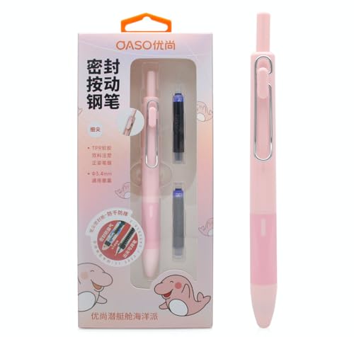 xixixiaozhu OASO K018 Sealed Retractable Fountain Pen Set 0.5mm with 2pcs Blue Ink Cartridges Smooth Writing for School Students (Light Pink)