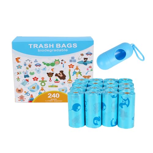 AUTENS Disposable Baby Diaper Bags, 16 Rolls/240PCS, Nappy Sacks Waste Bin Bags, Biodegradable Disposal Bags with Dispenser, Compostable Baby Poop Bags (Blue)