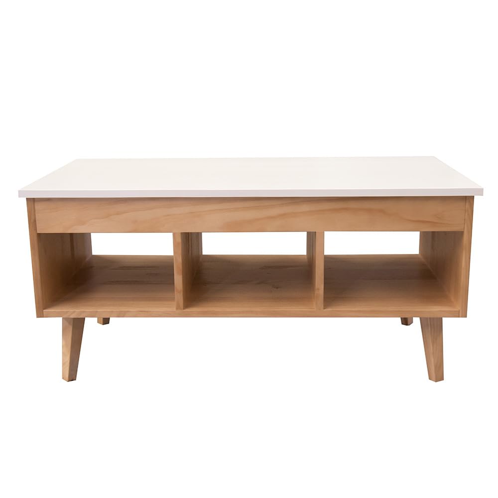 LoMasCasa - Mesa de Centro Salón Elevable Colección Karla 11 en Madera Maciza de Pino Natural Ecológica Estilo Nórdico en Color Madera y Blanca con Tres Huecos y Medidas 100x50x47 cm