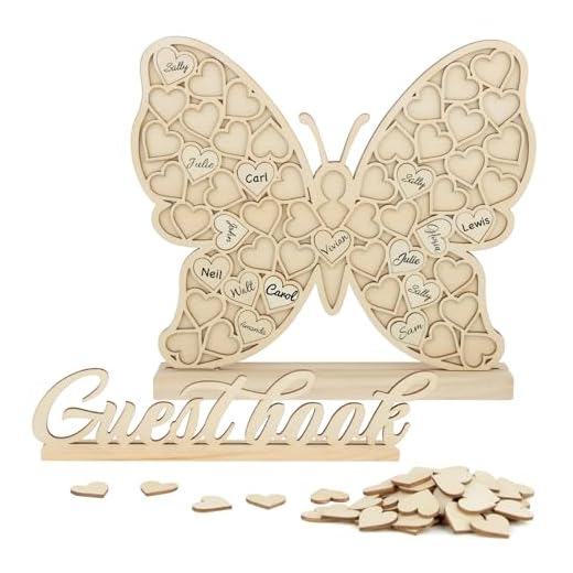 BOFUNX Libro Firmas Boda de Visitas para Invitados en Mariposa+53pcs Corazones Madera para Escribir y Bolsa de Organza+ Letreo Guest Book Regalo Original Decorazón Fiesta Boda Cumpleaños Baby Shower