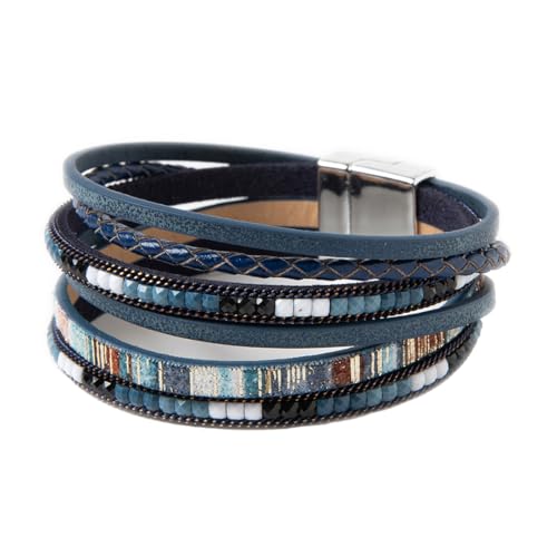 Rantanto Boho Braided Leather Wrap Bracelet Trendy Layered Cuff Bracelets Bohemian Stackable Fashion Bracelet Jewelry For Women (Boho Navy Blue)