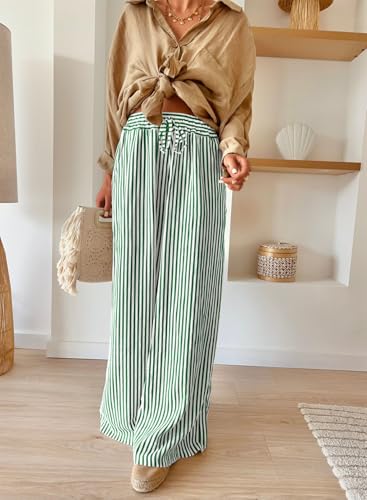 Image of Acelitt Women Casual Drawstring Elastic Waist Striped Wide Leg Pants with Pockets, S-XXL