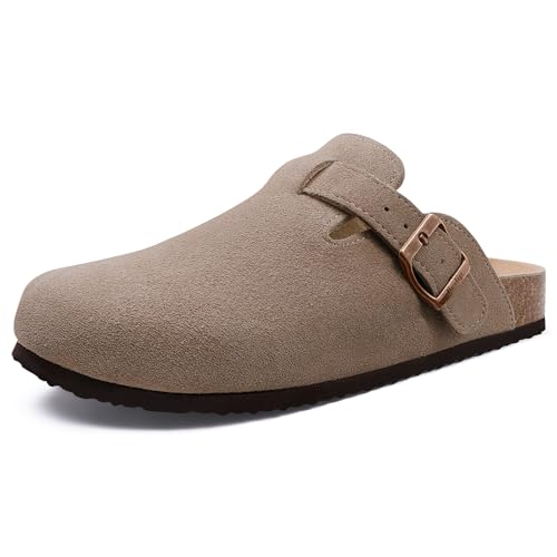 Beslip Wildleder Clog für Damen Weiches Kork Fußbett Leder Pantoletten Komfort Kartoffel Schuhe mit Arch Support, Mokka Frauen Größe 39 EU